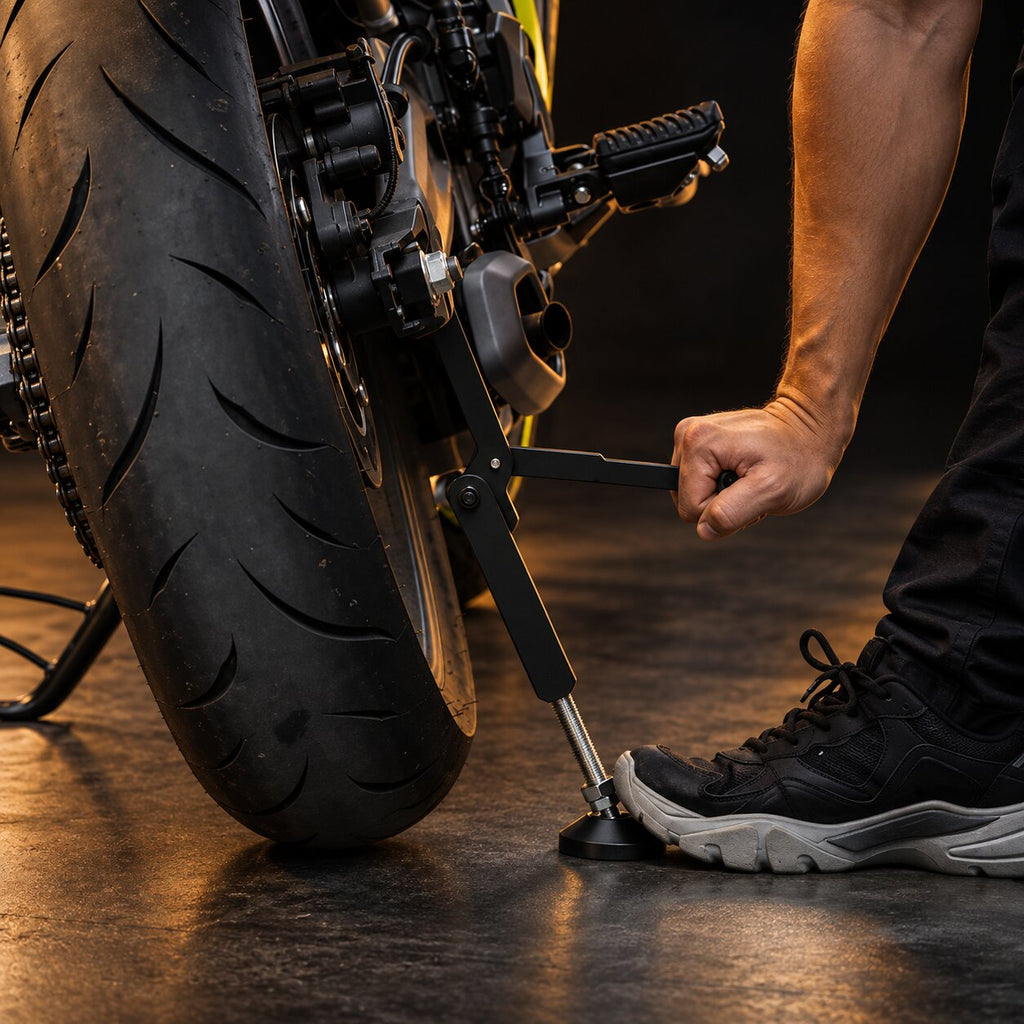 Béquille d'atelier moto à levier — réglable 31 à 38 cm