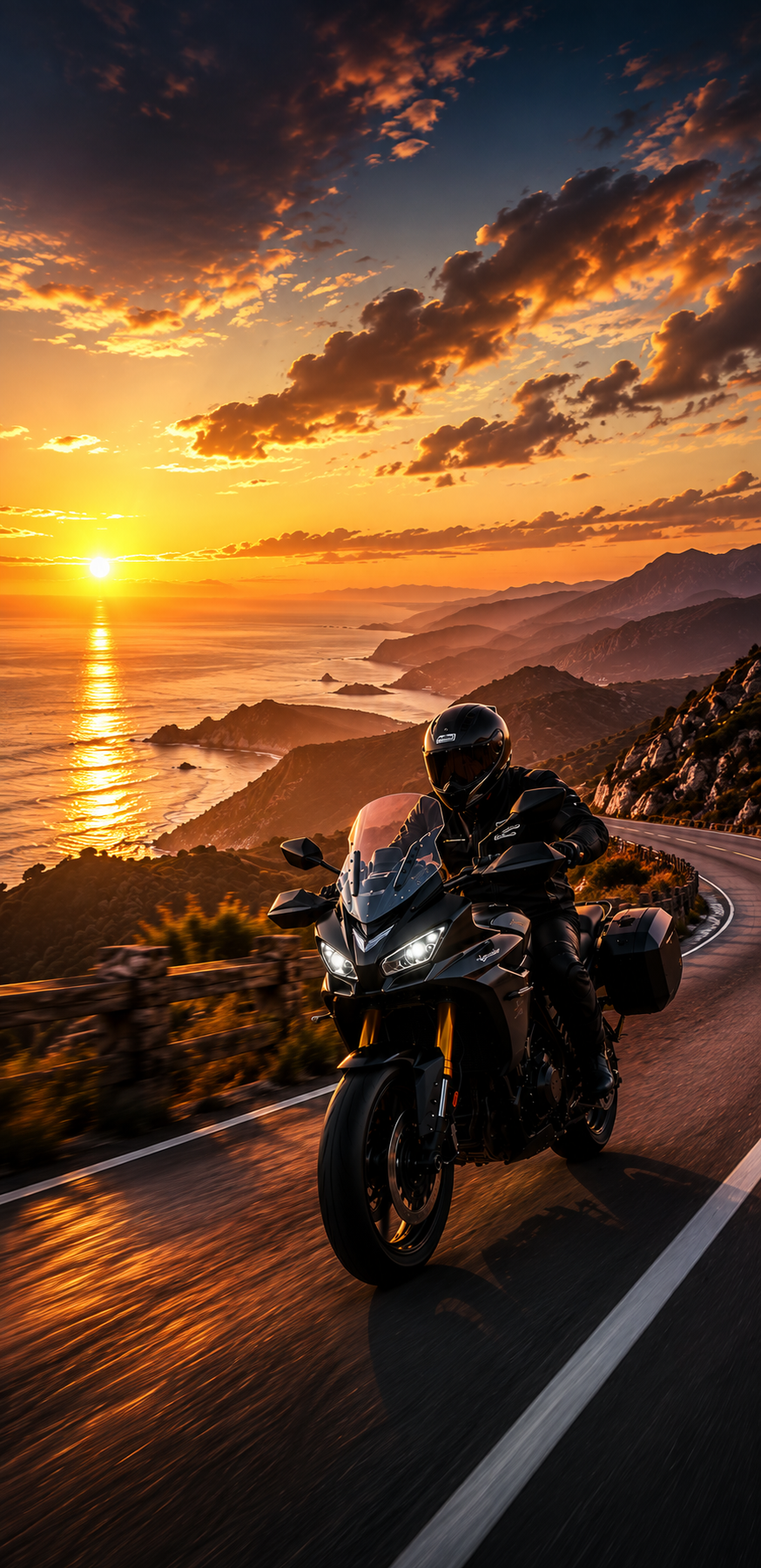 Motard sur une route c�ti�re au coucher du soleil � Moto Horizon