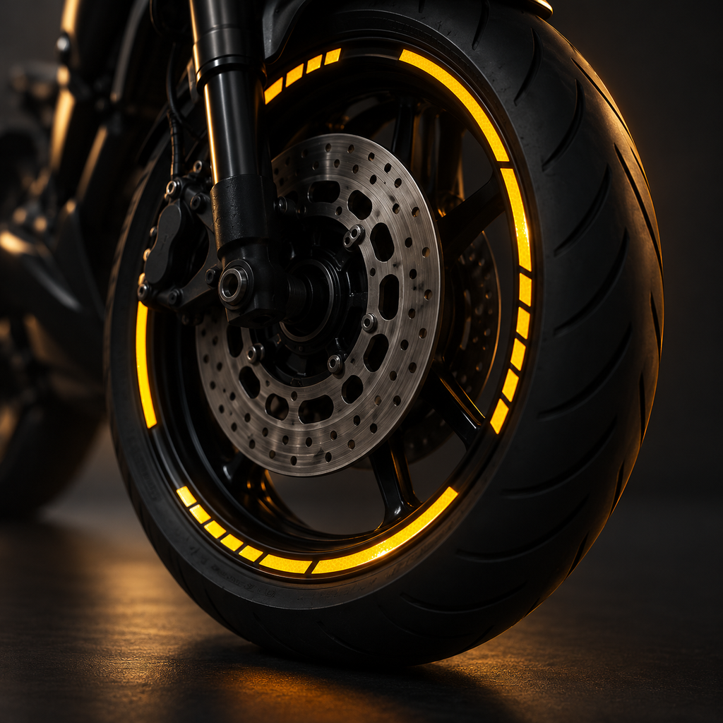Bandes réfléchissantes posées sur la jante avant d'une moto, renvoyant la lumière