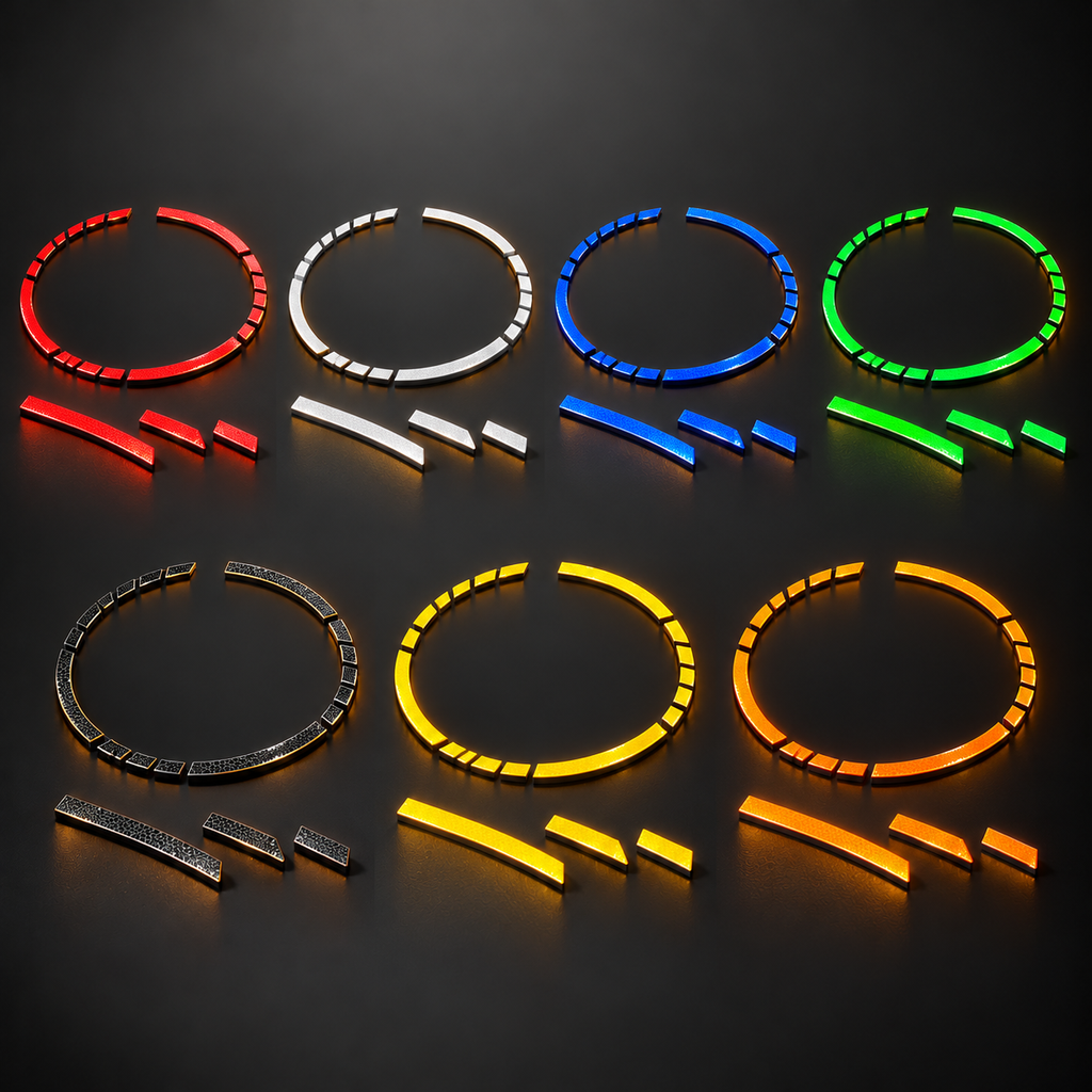Les sept coloris de bandes réfléchissantes pour jante moto : rouge, blanc, bleu, vert, noir, jaune et orange