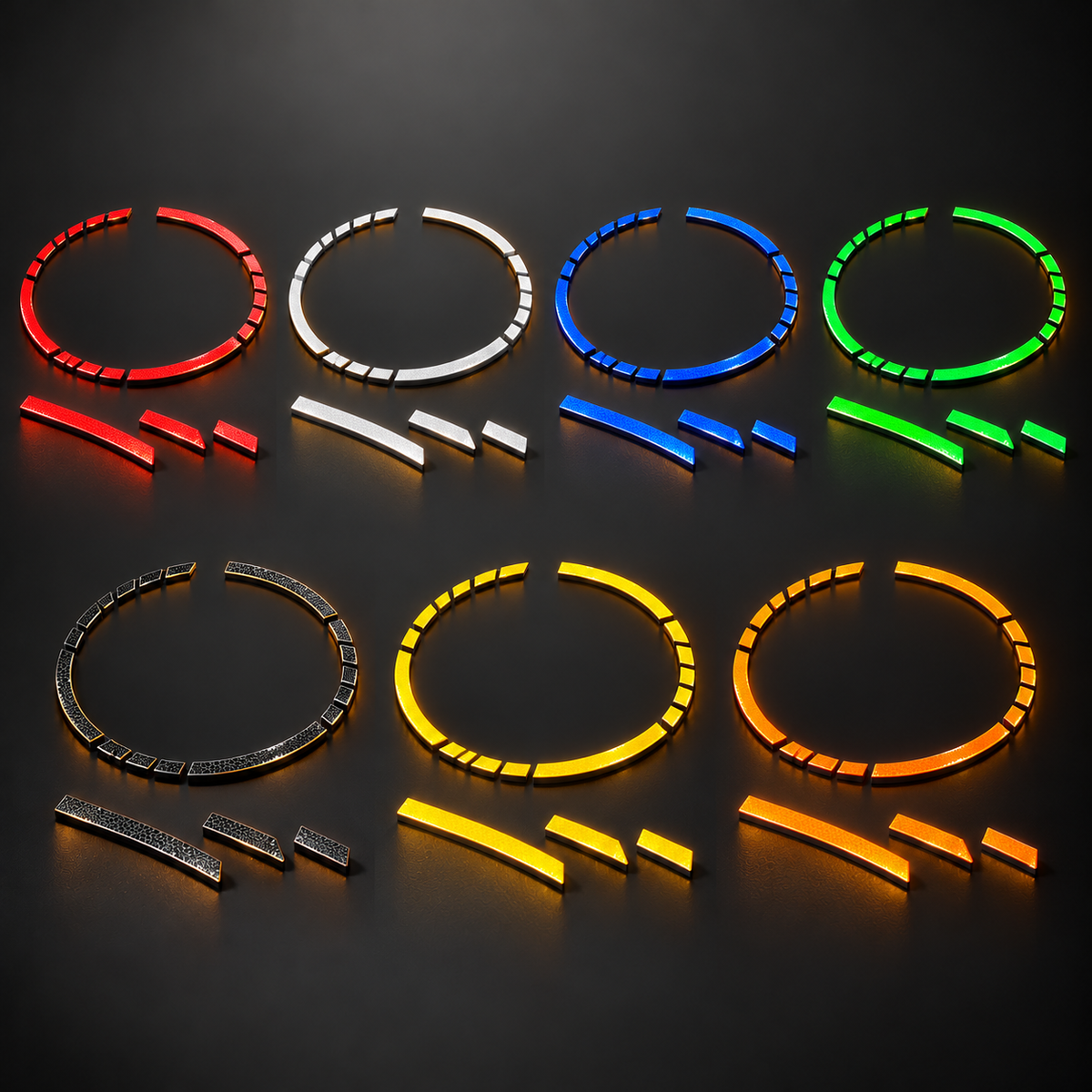 Les sept coloris de bandes réfléchissantes pour jante moto : rouge, blanc, bleu, vert, noir, jaune et orange