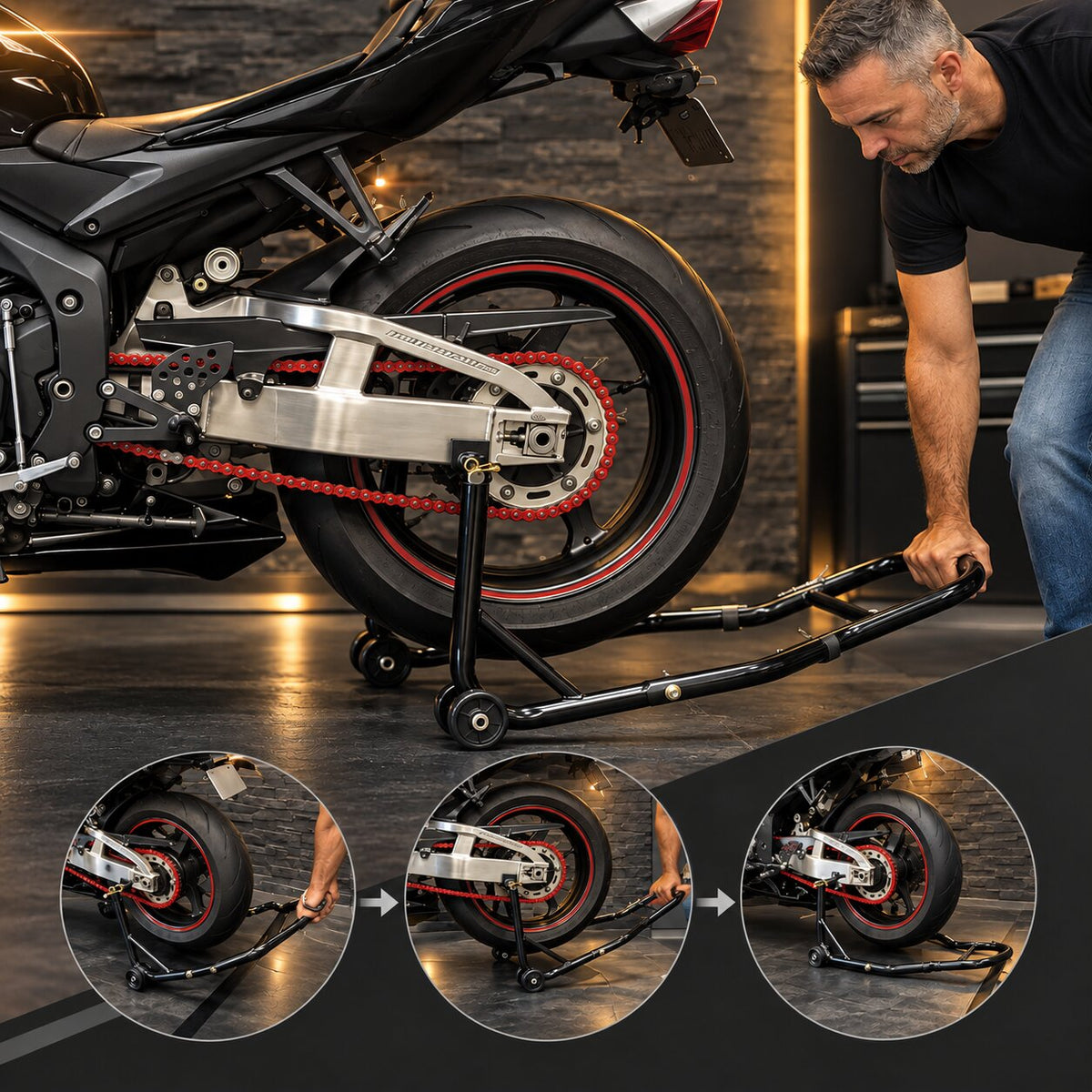 Motard plaçant la béquille d'atelier sous le bras oscillant et levant la roue arrière en trois étapes