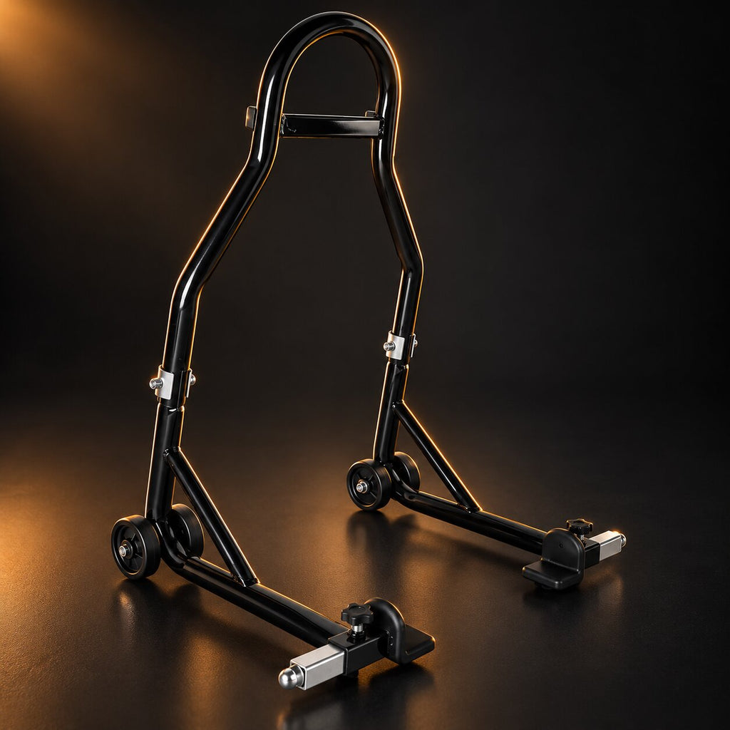 Béquille d'atelier moto arrière en acier noir, roulettes et supports en L réglables