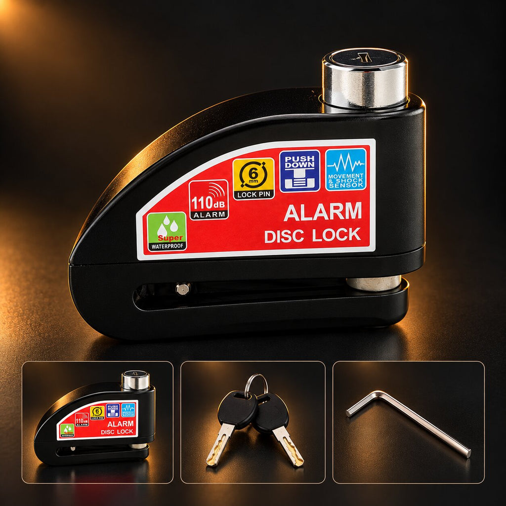 Bloque-disque moto noir avec alarme 110 dB, deux clés et clé Allen fournies