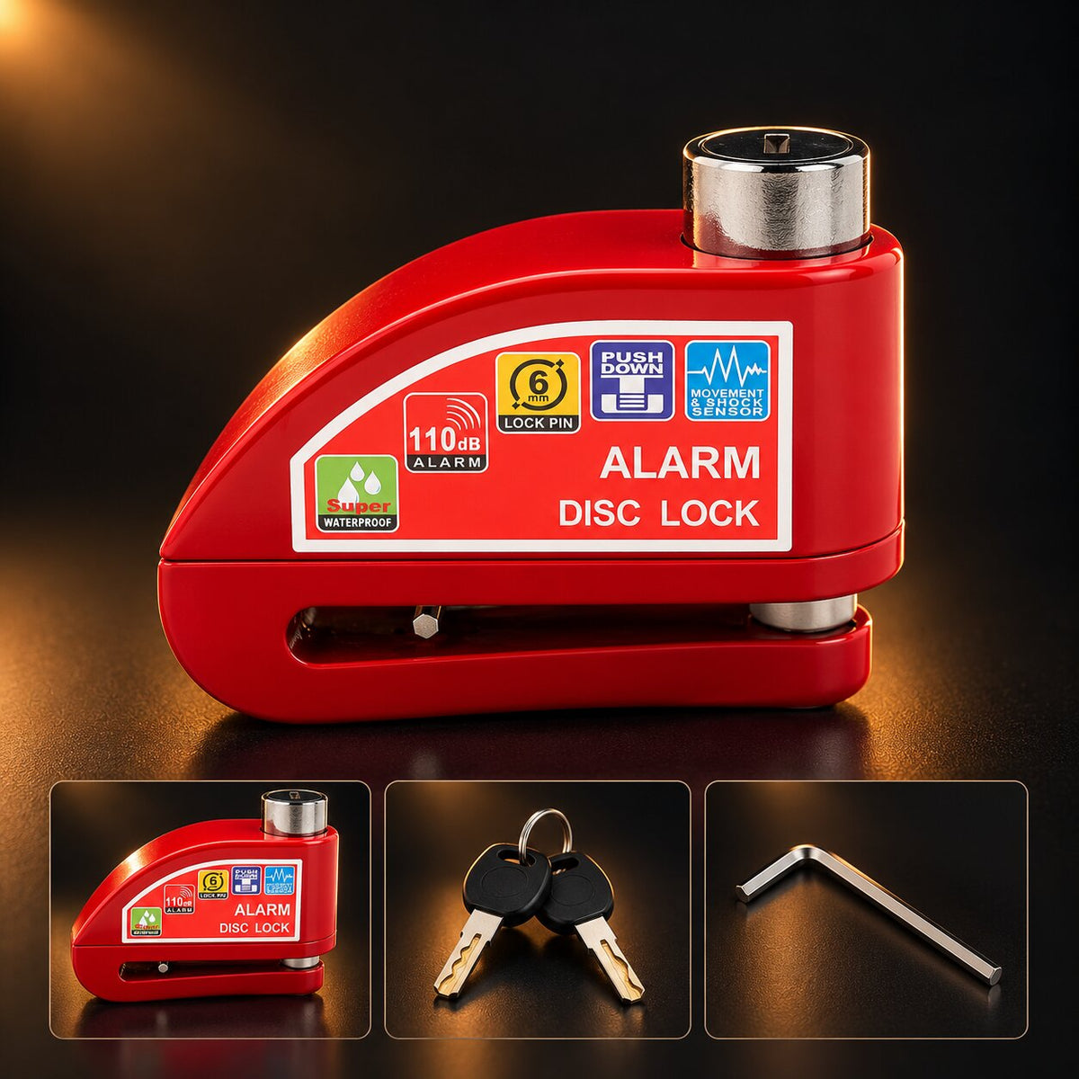 Bloque-disque moto rouge avec alarme et capteur de choc