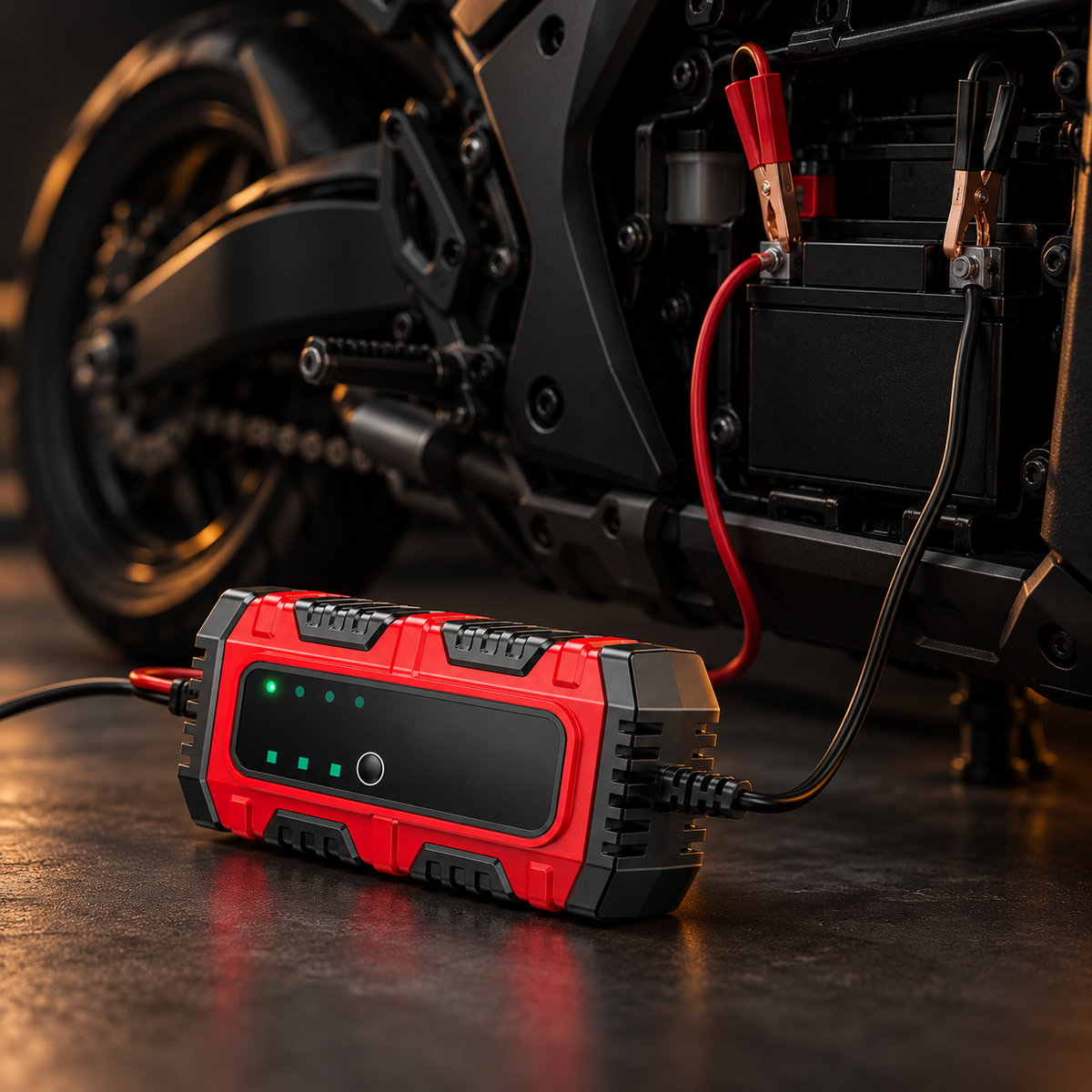 Chargeur relié aux bornes de la batterie d'une moto, témoin de charge allumé