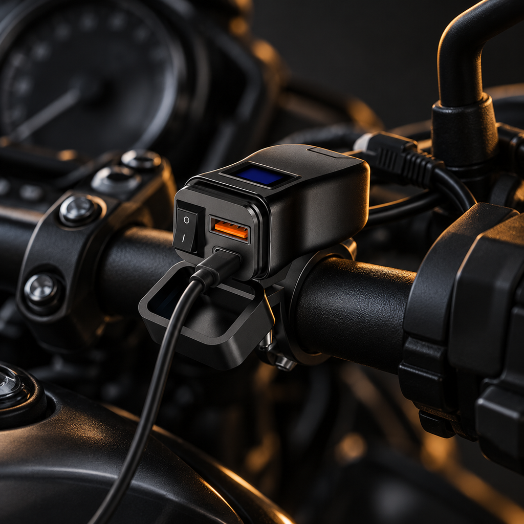 Chargeur USB fixé sur le guidon d'une moto, câble branché sur le port USB-C
