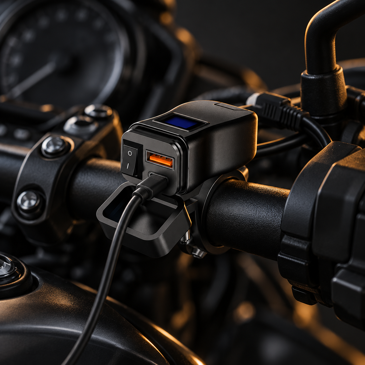 Chargeur USB fixé sur le guidon d'une moto, câble branché sur le port USB-C