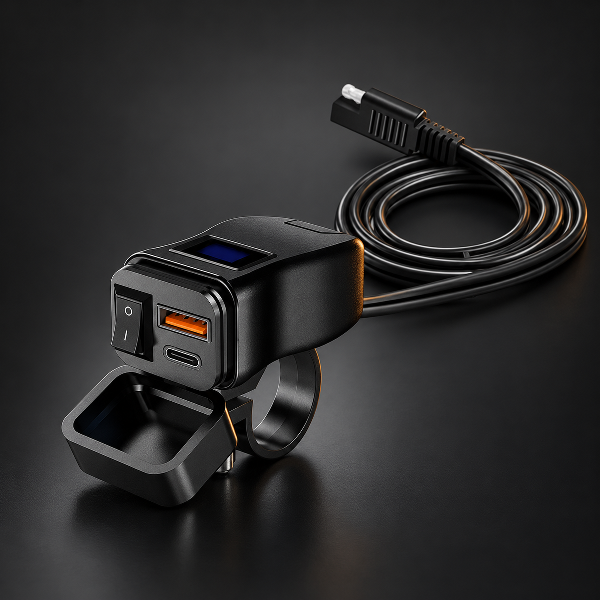 Chargeur USB moto noir pour guidon, port USB-A et USB-C, interrupteur et voltmètre