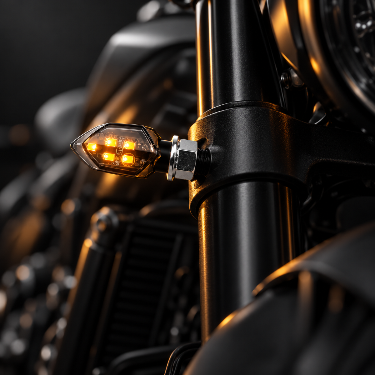 Clignotant LED moto monté sur un tube de fourche, LED ambre allumée