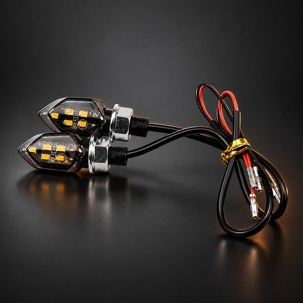 Paire de clignotants LED moto noirs à cabochon fumé, écrous chromés et faisceau d'alimentation