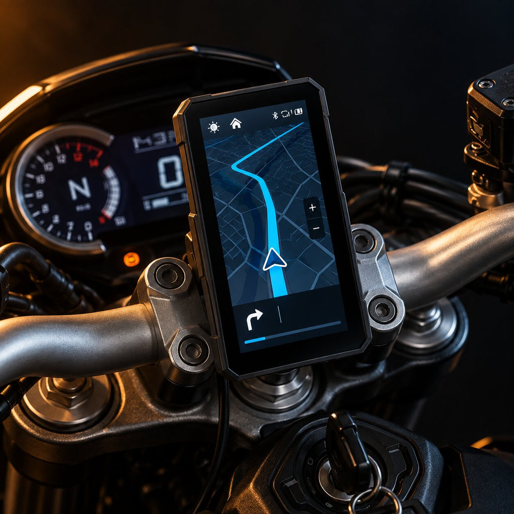 Écran CarPlay moto en position verticale sur le té de fourche, navigation à l'écran