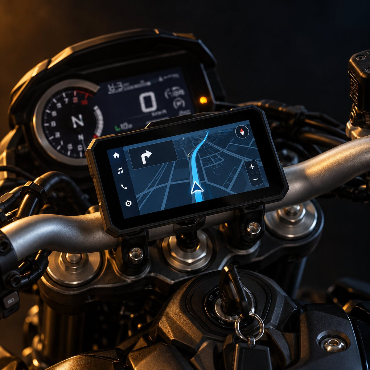 Écran CarPlay monté sur le guidon d'une moto, affichant un itinéraire de navigation