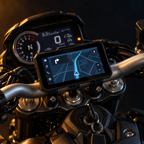 Écran CarPlay monté sur le guidon d'une moto, affichant un itinéraire de navigation