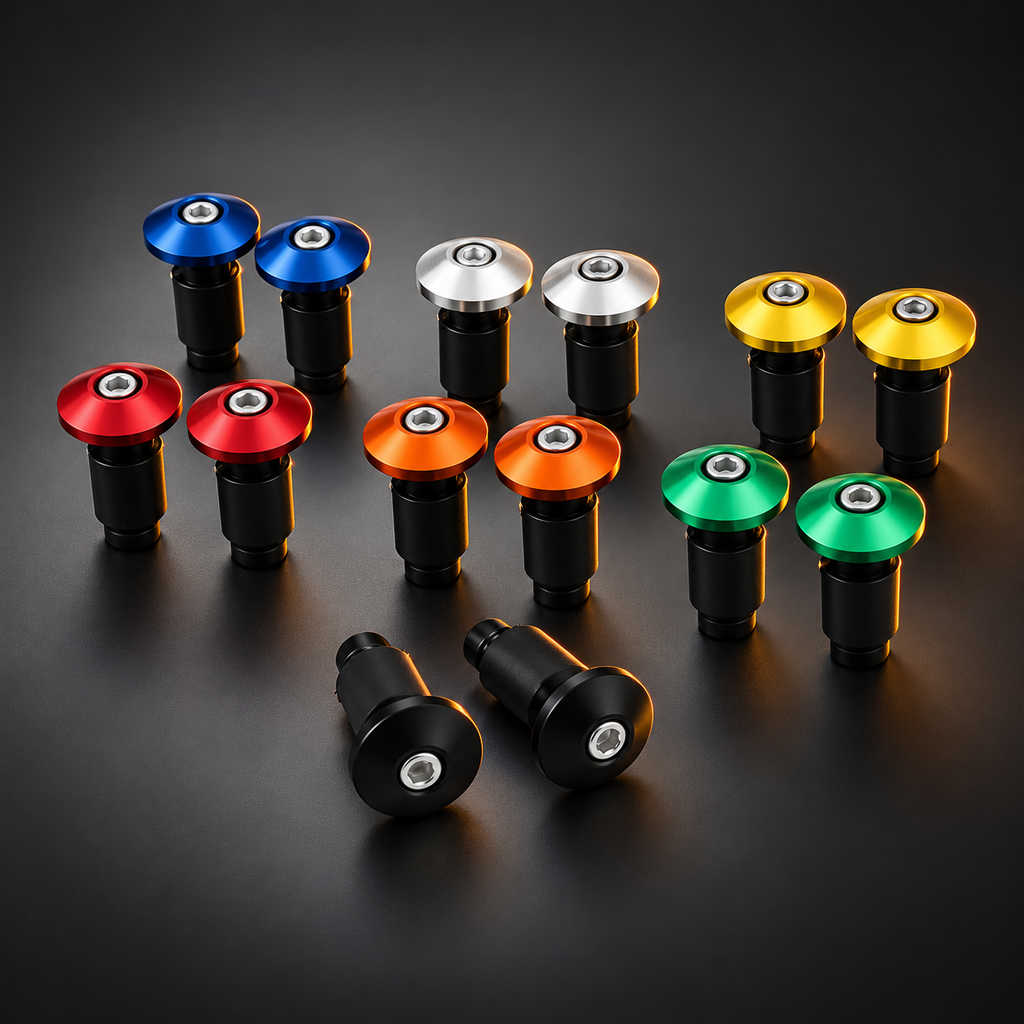 Les sept coloris d'embouts de guidon moto en aluminium : argent, or, rouge, orange, vert, bleu et noir