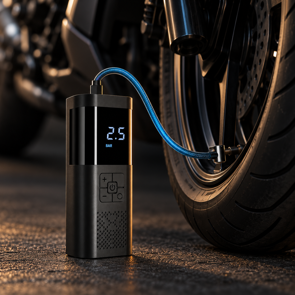 Gonfleur raccordé à la valve d'une roue de moto, écran affichant 2,5 bar