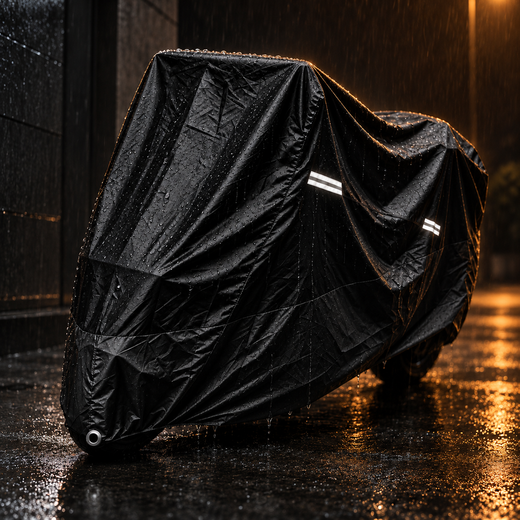 Moto couverte par sa housse sous la pluie, bandes réfléchissantes renvoyant la lumière