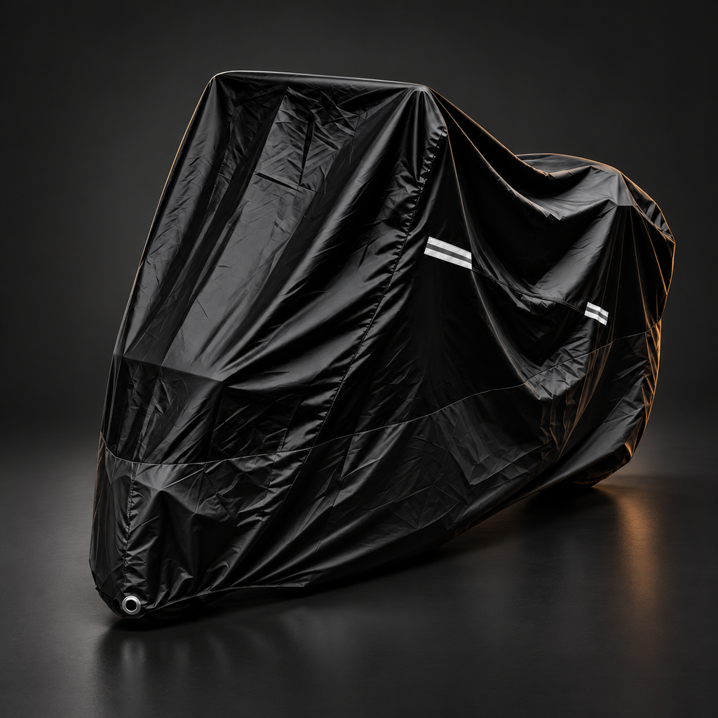Housse de protection moto noire en place sur une moto, bandes réfléchissantes et œillet antivol