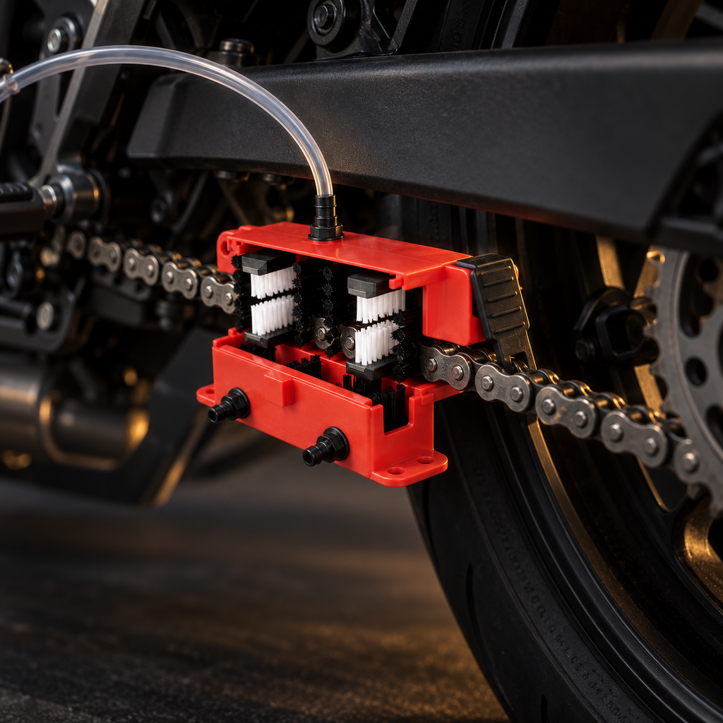 Appareil de nettoyage refermé sur la chaîne d'une moto, sous le bras oscillant