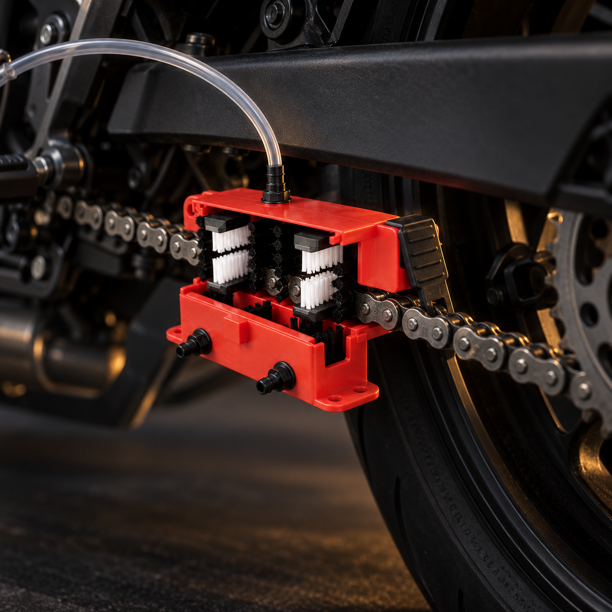 Appareil de nettoyage refermé sur la chaîne d'une moto, sous le bras oscillant