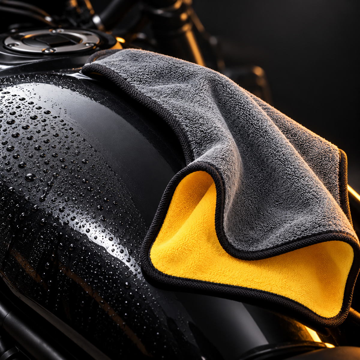 Microfibre essuyant le réservoir mouillé d'une moto, trace sèche derrière le passage