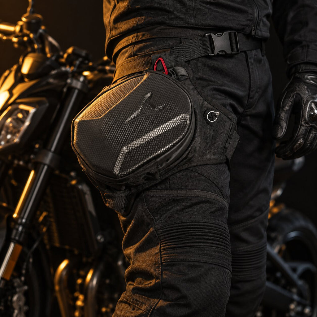 Motard portant la sacoche de cuisse moto à la jambe devant une moto