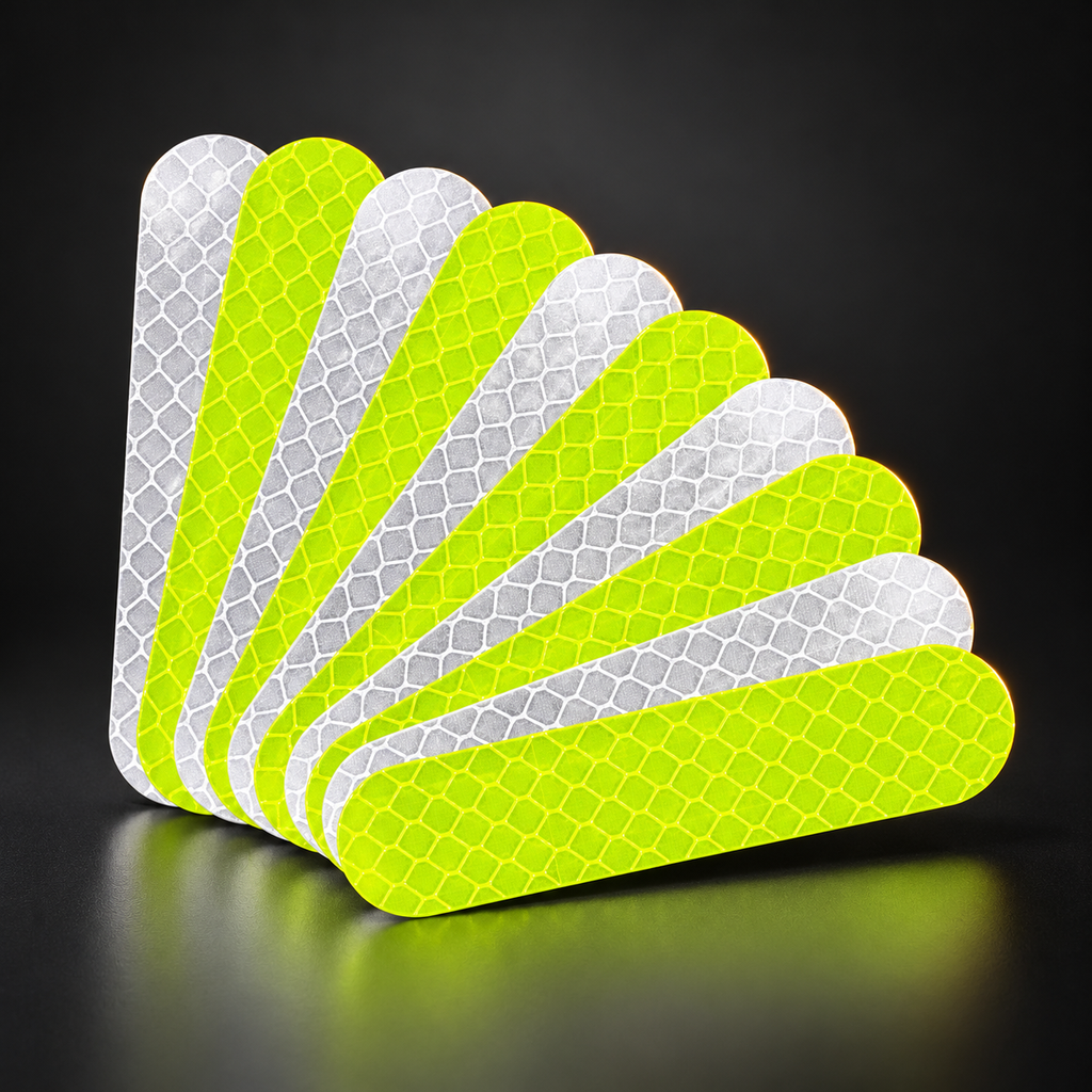 Éventail de bandes adhésives réfléchissantes moto jaune fluo et blanches à surface alvéolée