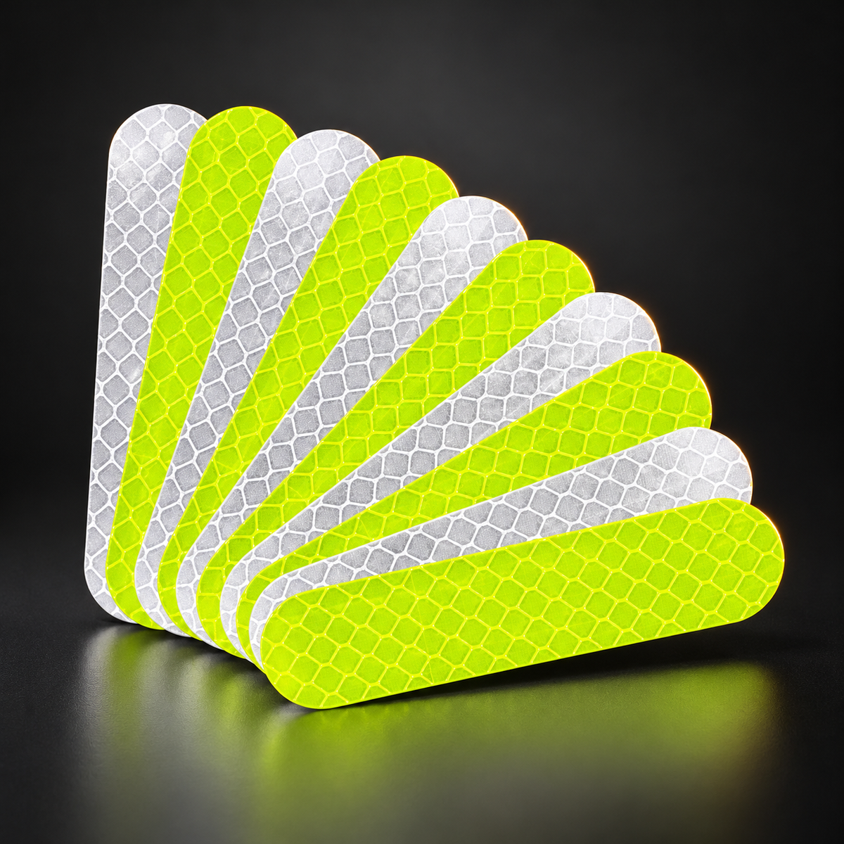 Éventail de bandes adhésives réfléchissantes moto jaune fluo et blanches à surface alvéolée
