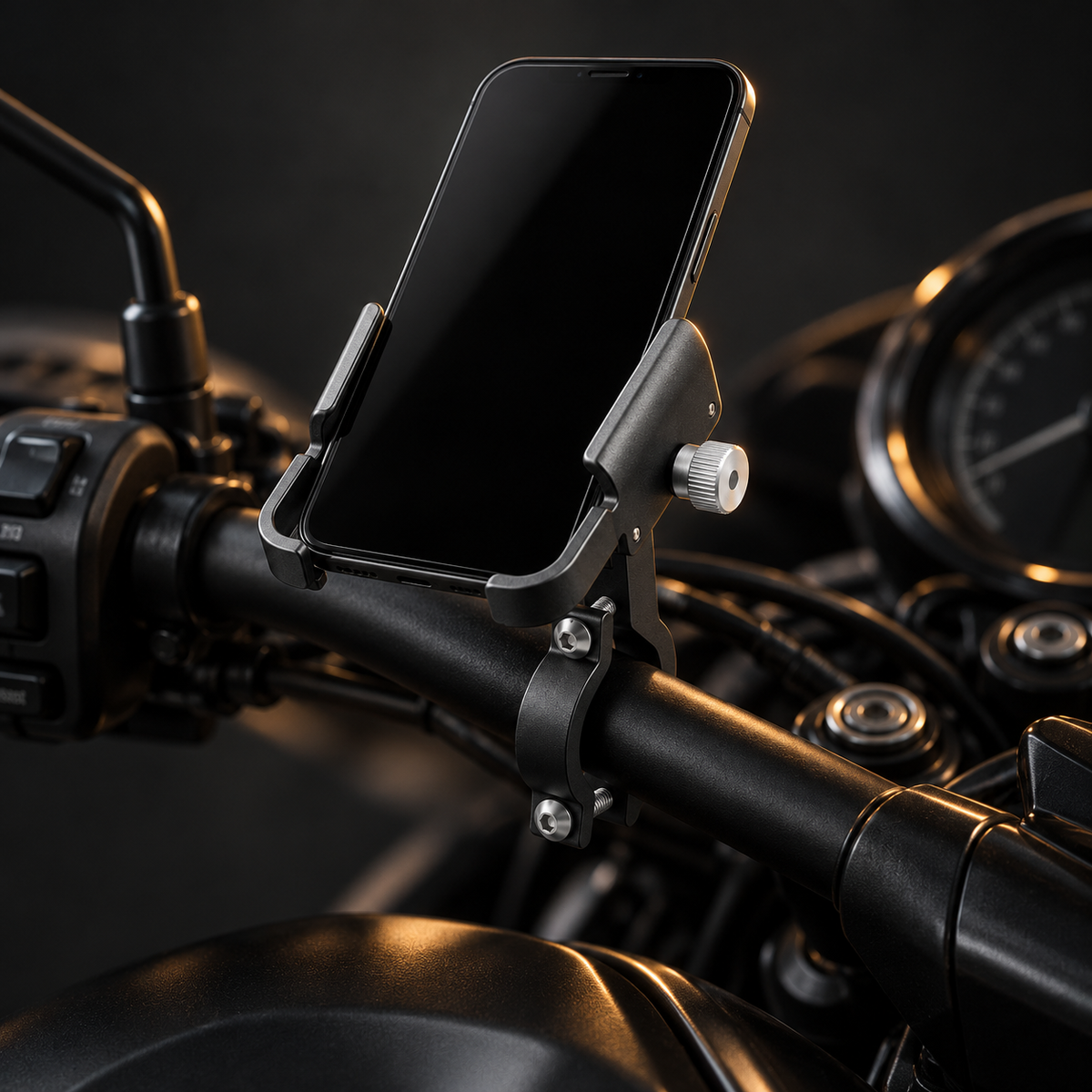Support téléphone moto serré sur le guidon d'une moto, smartphone en place