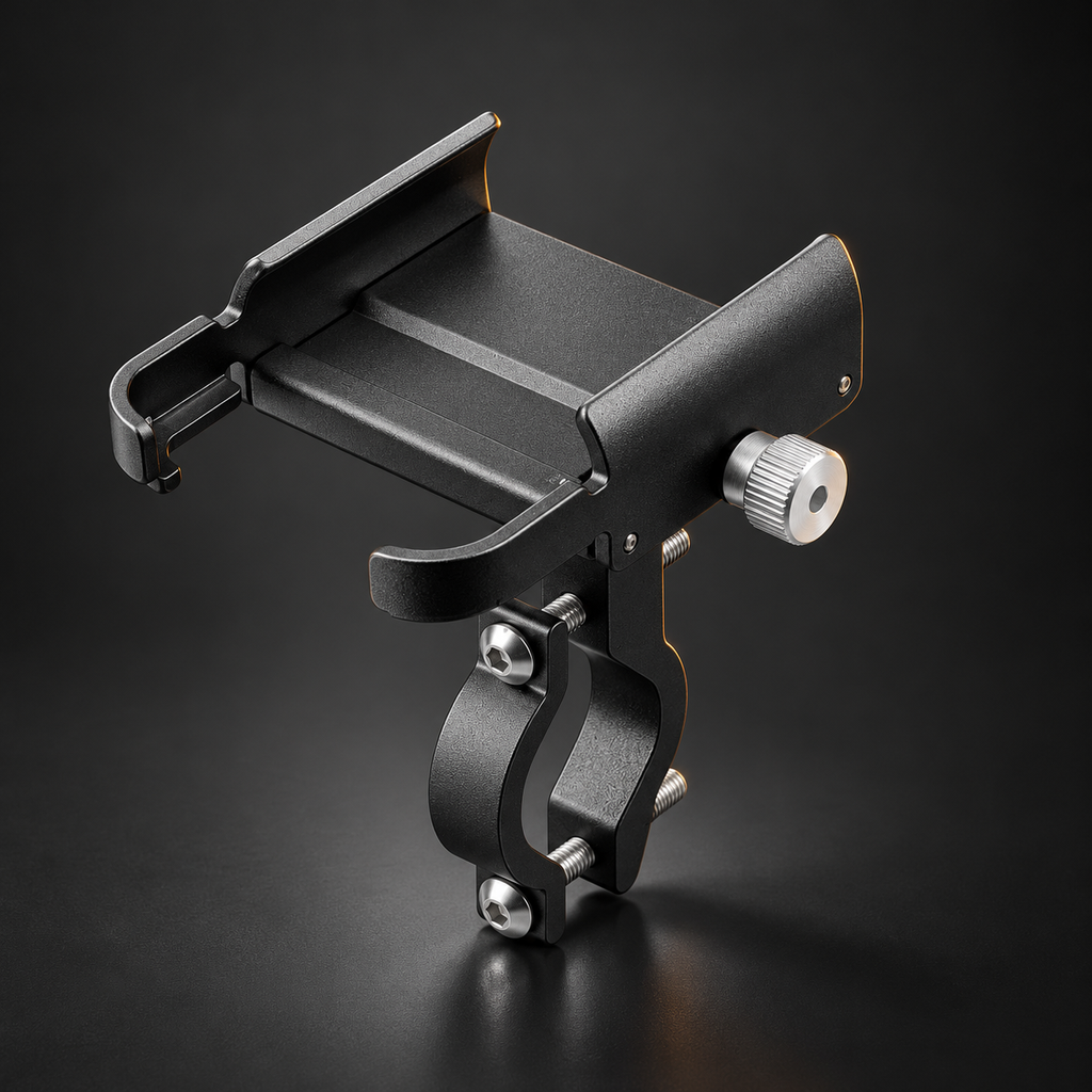 Support téléphone moto en aluminium noir, quatre bras réglables et collier de guidon